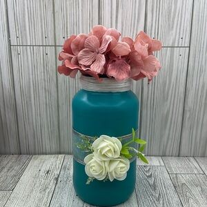 Teal Decorative Jar with White Roses